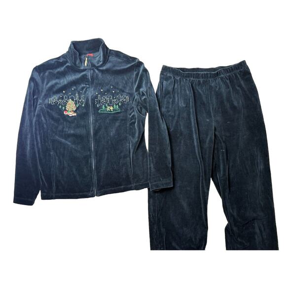 Merry & Bright Black Velour Christmas City Embroidered 2 Piece Lounge Set Large - Picture 1 of 12